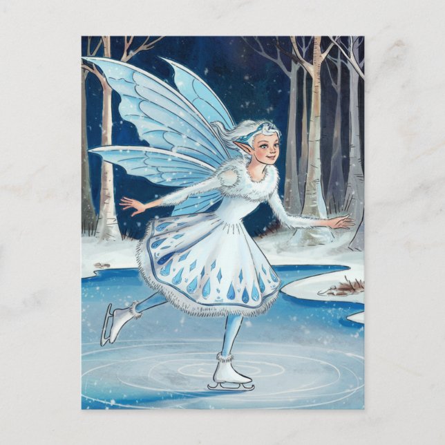 Postal Hielo Adorable Patinaje Hada Azul Blanco (Anverso)