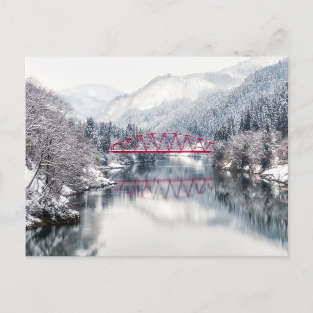 Postal Hielo y nieve | Puente rojo en invierno, Japón (Anverso)
