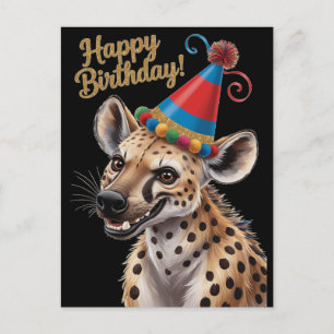 Postal hiena manchada con sombrero de cumpleaños