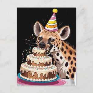 Postal Hiena manchada con sombrero mordiendo pastel