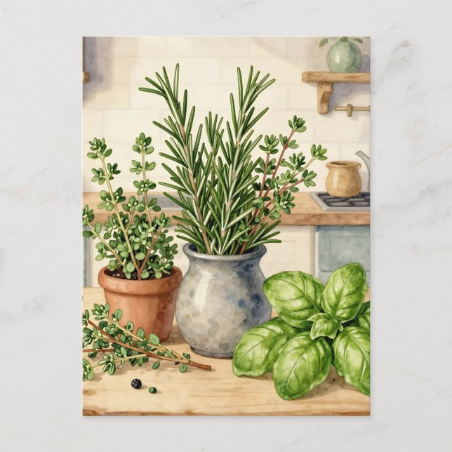 Postal Hierbas frescas de cocina acuarela (Anverso)