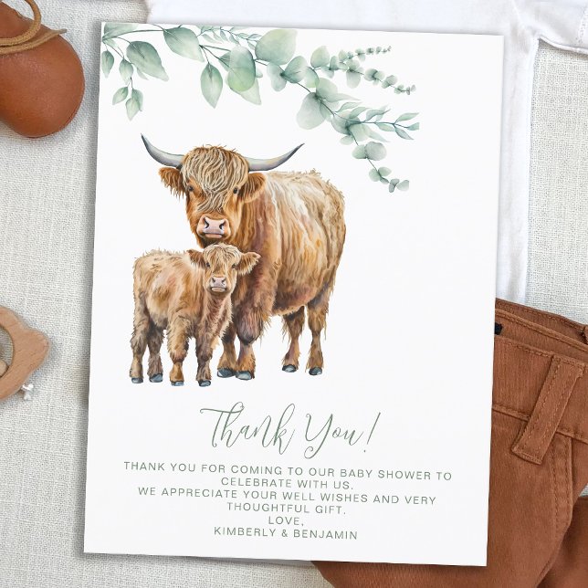 Postal Highland Cow Boho Green Baby Shower Gracias (Subido por el creador)