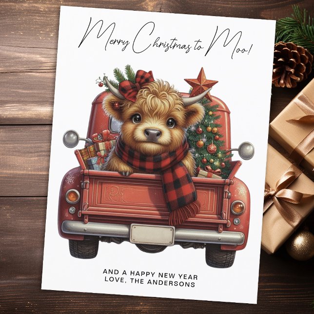 Postal Highland Cow Vintage Red Truck Feliz Navidad (Subido por el creador)