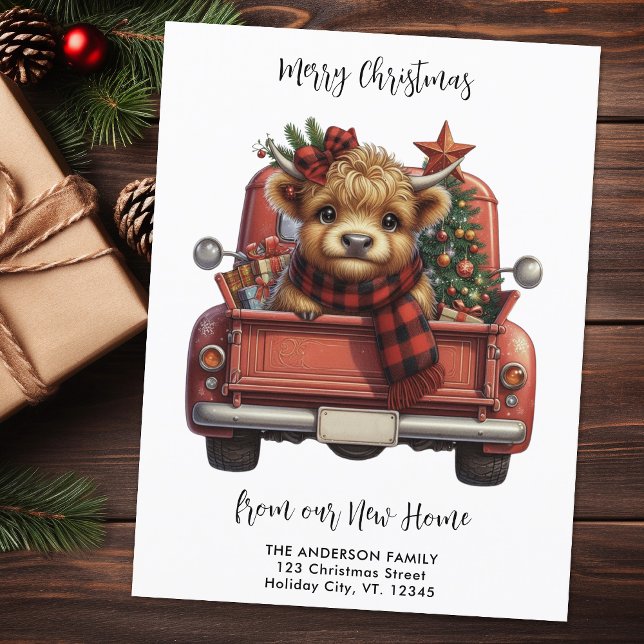 Postal Highland Cow Vintage Red Truck Feliz Navidad (Subido por el creador)