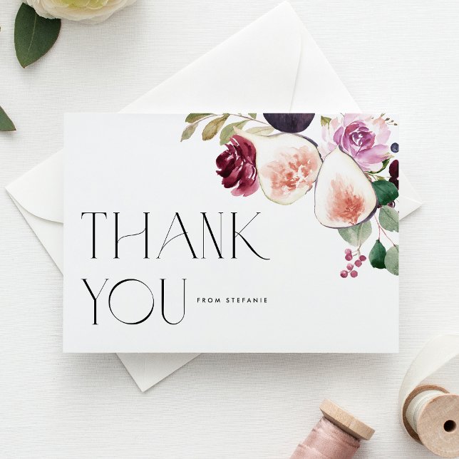 Postal Higos al acuarela y flores de Burdeos Gracias (Botanical thank you postcard featuring watercolor figs, berries & burgundy flowers. For fall events.)