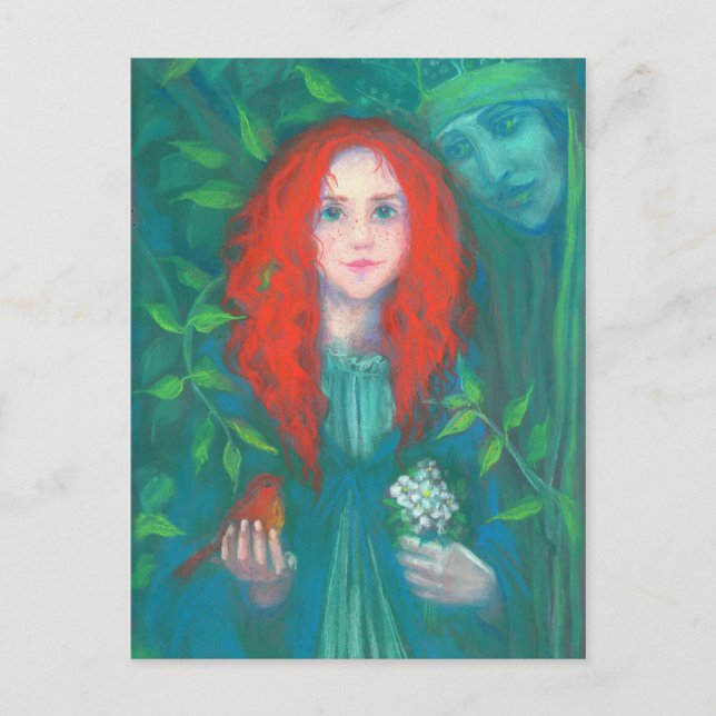 Postal Hijo del bosque, chica de pelo rojo, tonos verdes (Anverso)