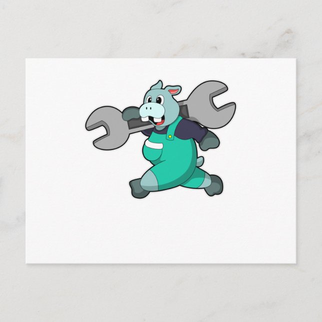 Postal Hipopótamo como mecánico con llave inglesa (Anverso)