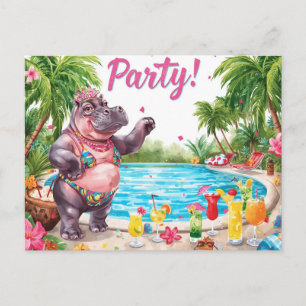 Postal Hipopótamo en la fiesta de la piscina en la playa