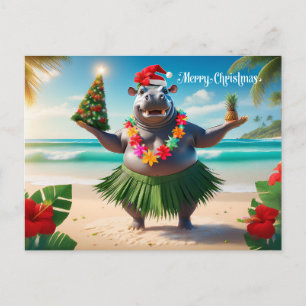 Postal Hipopótamo Hawaiano Temática Navideña para Surfist