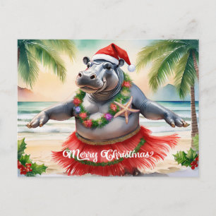 Postal Hipopótamo Hawaiano Temática Navideña para Surfist