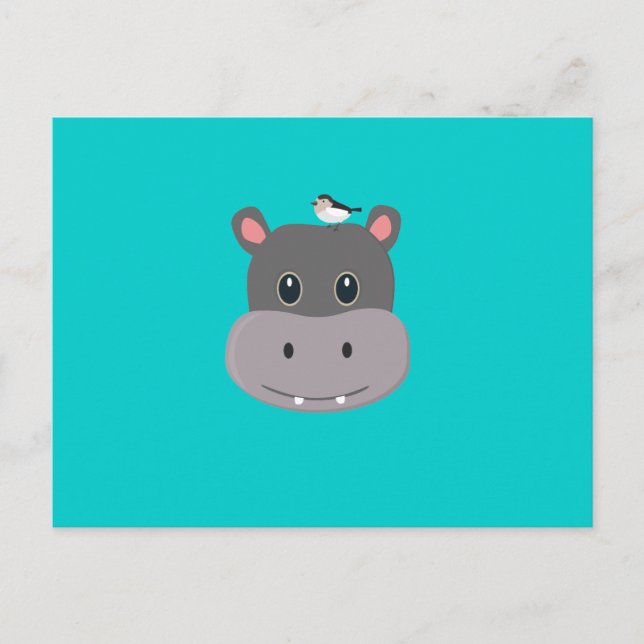 Postal hipopótamo lindo con pájaro (Anverso)