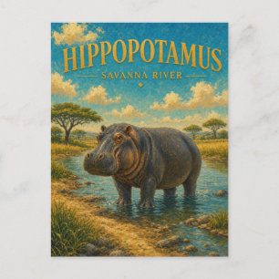 Postal Hipopótamo Sabana Río Acuarela GeoSaga