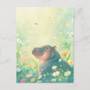 Postal Hipopótamo Sonriendo en Pradera Soleada de Flores 