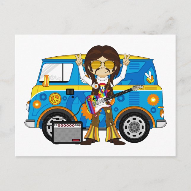 Postal Hippie Boy con guitarra y camioneta (Anverso)
