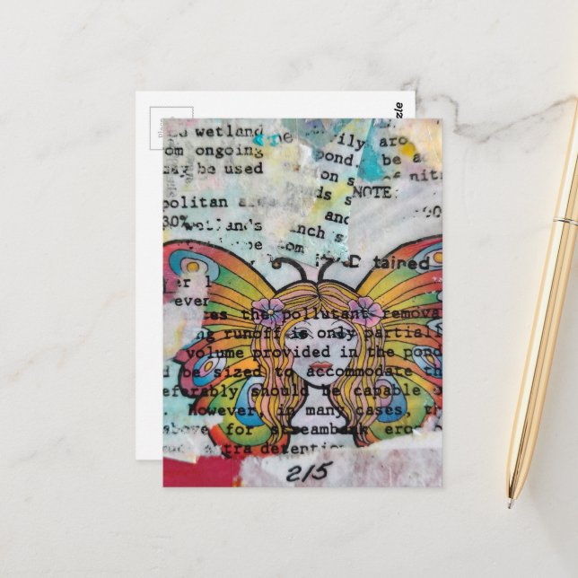 Postal Hippie Butterfly Woman Mixed Media Collage (Anverso/Reverso In Situ)