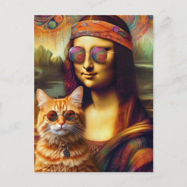 Postal Hippie Mona Lisa y su gato jengibre (Anverso)