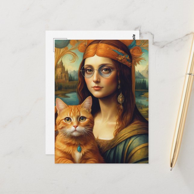 Postal Hippie Mona Lisa y su gato jengibre (Anverso/Reverso In Situ)