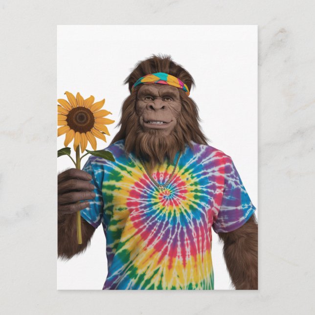 Postal Hippie Sasquatch en Tiedye con girasol (Anverso)