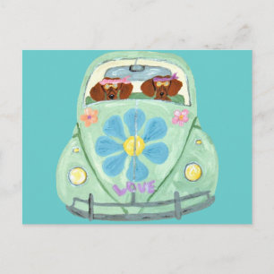 Postal Hippies Dachshund En Su Coche De Amor Floral