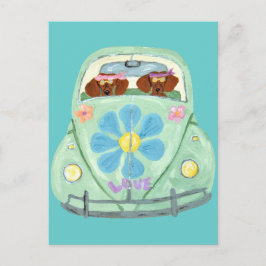 Postal Hippies Dachshund en su móvil de amor floral