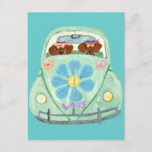 Postal Hippies Dachshund en su móvil de amor floral