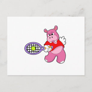 Postal Hippo en tenis con raqueta de tenis