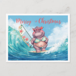 Postal Hippo Surfista en Tabla de Surf en Vacaciones de N