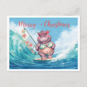 Postal Hippo Surfista en Tabla de Surf en Vacaciones de N