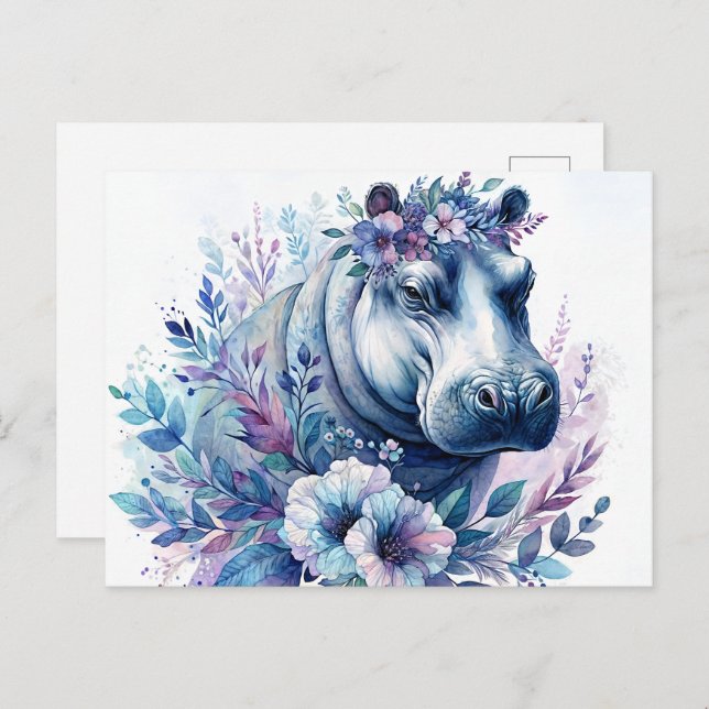 Postal Hippo Watercolor Floral (Anverso / Reverso)