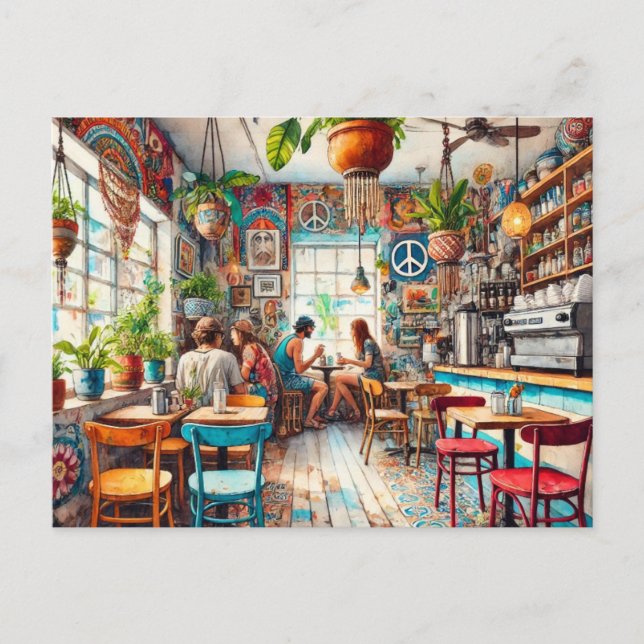 Postal Hippy Cafe en Miami Watercolor (Anverso)