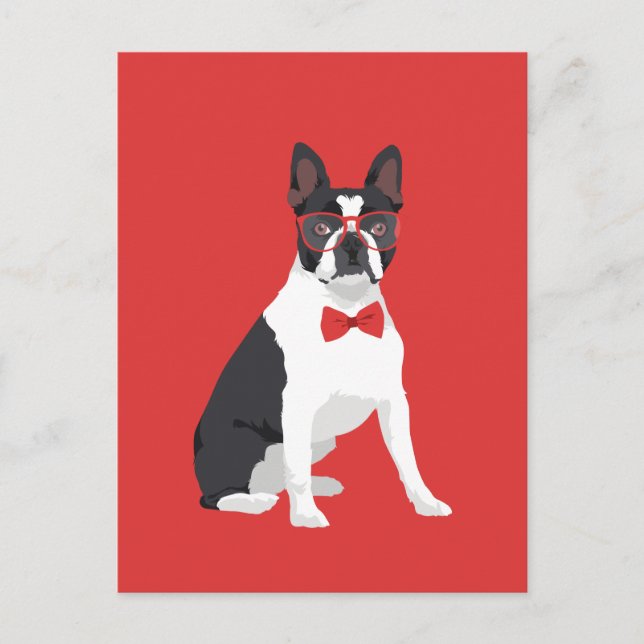 Postal Hipster Boston Terrier con lentes rojos y corbata  (Anverso)