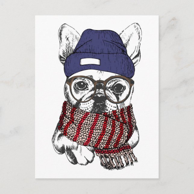 Postal Hipster Perro Bull francés (Anverso)