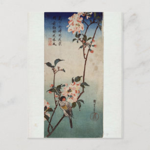Postal Hiroshige: Pequeña ave en una rama de Kaidozakura