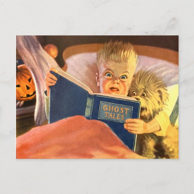 Postal Historias fantasma, niño y perro asustado (Anverso)