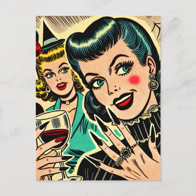 Postal Historietas de Chicas de Halloween retro góticos (Anverso)