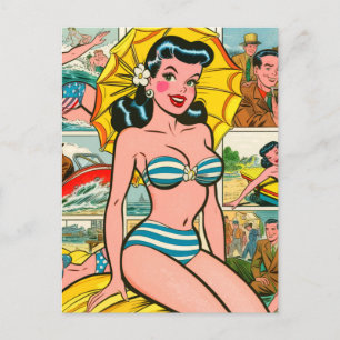 Postal Historietas de verano del Chica Retro Bikini