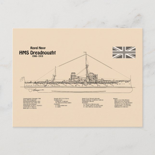 Postal HMS Dreadnought - SD de diseño para el buque (Anverso)