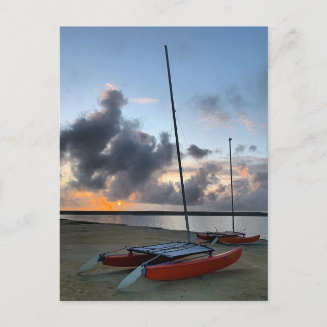 Postal Hobie Cat Catamarans Sailboat Beach Sunset (Anverso)