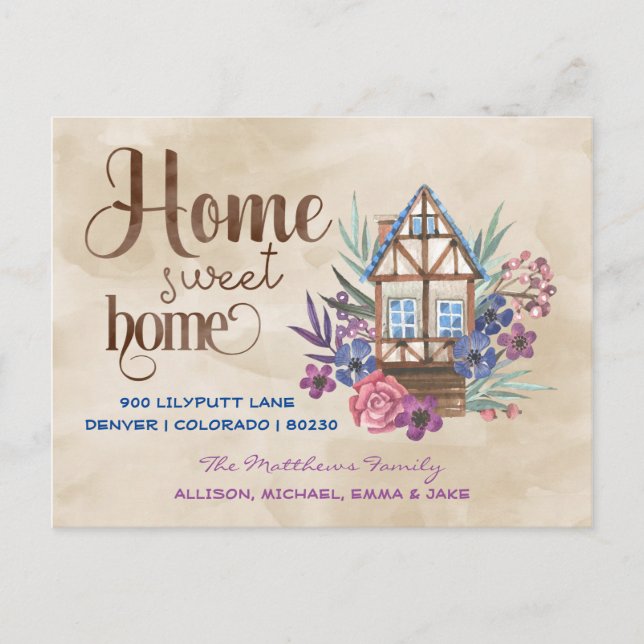 Postal Hogar Dulce Hogar Acuarela Floral Mudanza (Anverso)