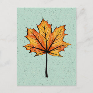 Postal Hoja De Otoño En Arte Botánico Decorativo Azul