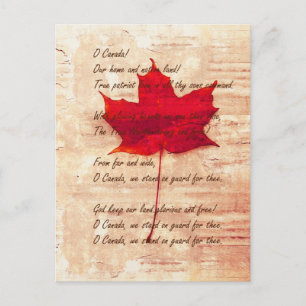 Postal hoja roja canadiense de arce con himno nacional