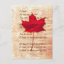 Postal hoja roja canadiense de arce con himno nacional