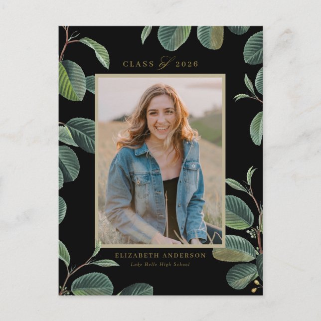 Postal Hojas botánicas vintage Graduación de foto negra (Anverso)