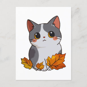 Postal Hojas de caída de gato lindo de Anime