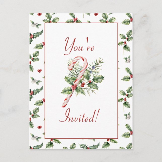 Postal Hojas de Holly, Berries Rojas, Mistletoe, Candy Ca (Anverso)