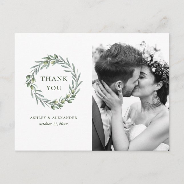 Postal Hojas de oliva acuarelas. Boda italiano gracias (Anverso)