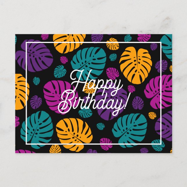 Postal Hojas de Palma Coloridas Feliz Cumpleaños  (Anverso)