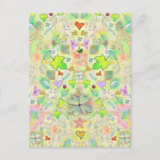 Postal Hojas, flores, corazones, adornos suertudos