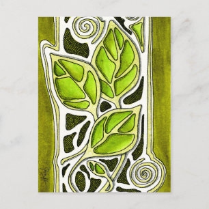 Postal Hojas talladas a mano en verde