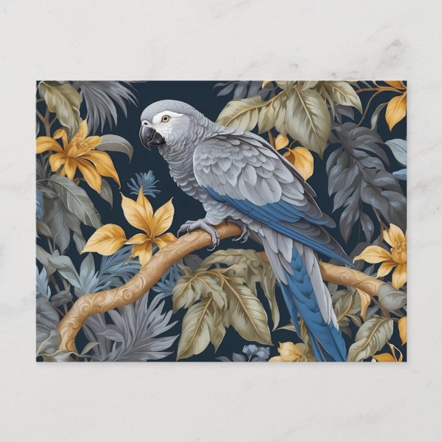 Postal Hojas tropicales de loro gris africano (Anverso)